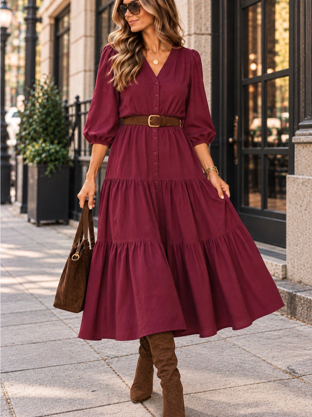 Entro Burgundy  Tiered Maxi Dress Button Front Puff Sleeve Size M